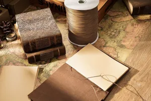 Vintage handmade leather journal notebook with craft paper and sewing thread for writing diary.