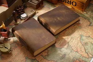 Detailed view of handmade vintage leather notebook with rustic string binding on vintage map.
