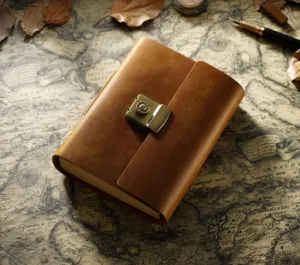 Detailaufnahme des Vintage-Echtleder-Notizbuchs mit klassischem Zahlenschloss und Textur.