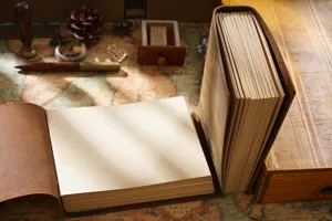 Handcrafted vintage leather notebook detail, showing cover texture and cream pages.