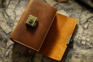 Detailaufnahme eines echten Leder-Tagebuchs mit Messingschloss auf antikem Kartenhintergrund.