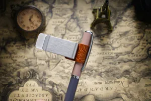 Stainless steel pen clip with embossed leather strap, vintage traveler notebook metal bookmark.