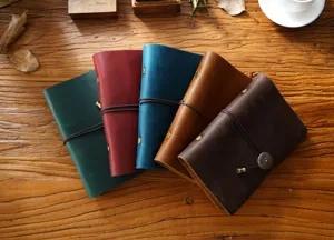 Detailansicht handgemachter Vintage Leder Ringbucheinbände in mehreren schönen Farben.
