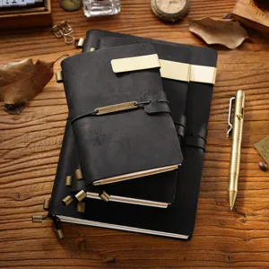 Vintage genuine leather traveler notebook set with brass clips and bookmarks for daily journaling.
