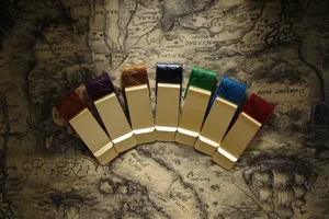 Detail shot of leather brass money clips with vintage carved design, set of 7 colors.
