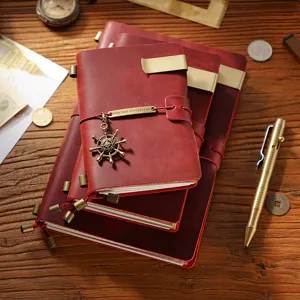 Vintage genuine leather traveler notebook set with bronze charm and metal bookmark clip.