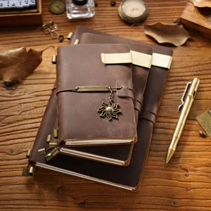 Vintage genuine leather travel notebook set with brass pen and metal clips for daily journaling.
