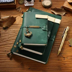 Detail view of vintage green leather traveler notebook with metal anchor charm and bookmark clip.