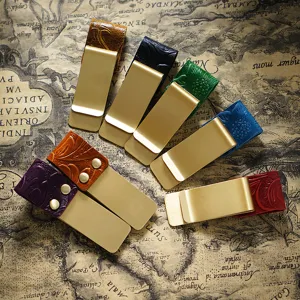 Leather metal money clip traveler notebook bookmark brass pen holder vintage style