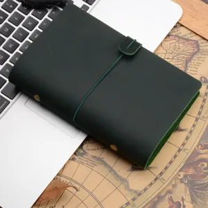 A5 vintage leather loose-leaf notebook business journal diary with strap and metal snap.