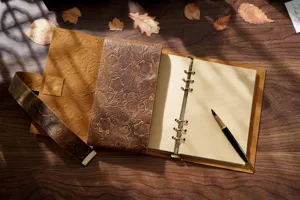 Vista detallada del cuaderno de cuero grabado vintage con motivo floral y bolígrafo.