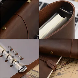 Vintage leather loose-leaf notebook, handmade travel diary planner with metal binder rings.