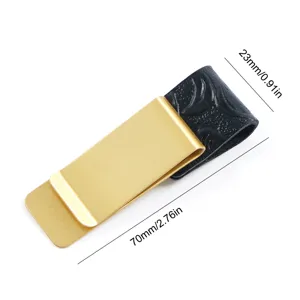 Brass metal and black leather money clip, minimalist vintage bookmark pen clip for daily use.
