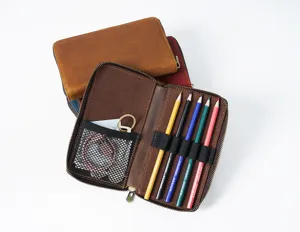 Vintage genuine leather zipper pencil case large capacity multi-functional stationery bag