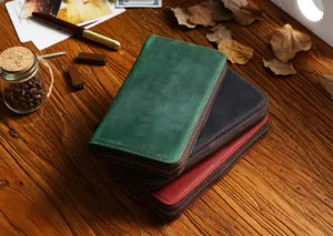 Vintage genuine leather zipper pencil case large capacity retro pen storage pouch multi-color
