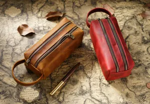 Vintage cowhide leather pencil case double layer large capacity stationery storage bag