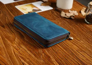 Vintage blue leather zipper pencil case with large capacity and multifunctional pen storage