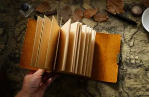 Detailansicht des Vintage Lederjournals mit gefächerten Seiten auf rustikalem Kartenhintergrund.