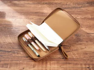 A6 leather zipper notebook cover planner organizer brown binder case with pen slots