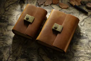 Detailaufnahme des Vintage Leder Notizbuchs mit Retro Umschlag und sicherem Metallzahlenschloss.