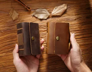 Carnet de poche en cuir vintage fait main, journal rétro avec bouton-pression.