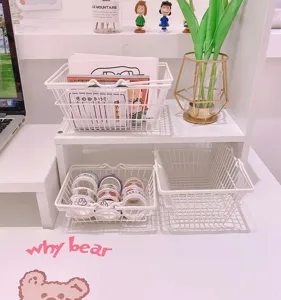 Ins style cute white wire storage basket desktop stationery organizer for student dorm.