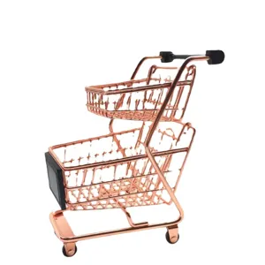 Rose gold mini shopping cart desktop organizer, cute metal storage basket for makeup sponge.