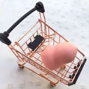 Mini rose gold shopping cart desktop storage organizer makeup sponge holder toy prop
