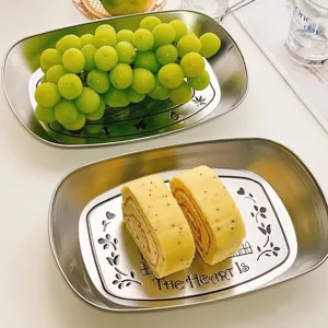 Vintage stainless steel serving tray retro metal food plate for fruit snacks and tea