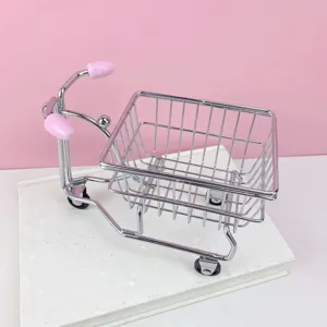 Mini iron tricycle desktop storage basket, cute pink and silver metal organizer.
