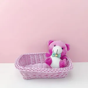 Panier de rangement de bureau macaron rose en plastique tressé accessoire photo mignon