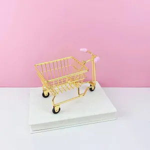 Mini gold metal shopping cart desktop storage organizer with cute pink handle aesthetic decor