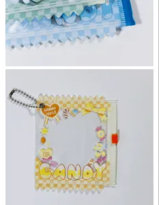 Detailed view of the cute candy style PVC badge holder ita bag with charm and clear pockets.