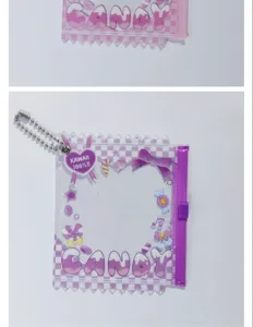 Close up detail of transparent PVC candy themed badge card holder with chain zipper.