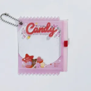 Cute candy shaped PVC badge holder clear pin storage bag with ball chain for daily collection.