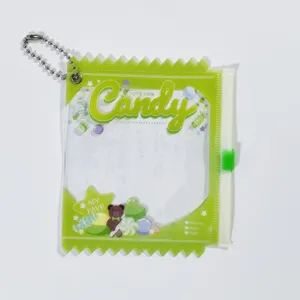 Close-up of clear PVC candy shaped badge holder pain bag detail with cute bear graphic.