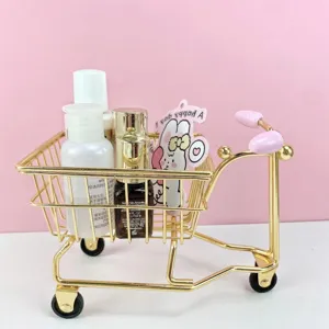 Mini gold iron shopping cart desktop organizer cute storage basket for student desk decor.