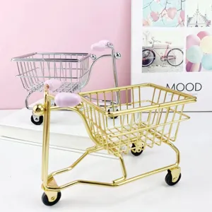 Mini metal shopping cart desktop organizer, cute tricycle storage basket for office.