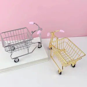 Mini iron shopping cart tricycle desktop storage organizer cute pink handle metal display rack basket