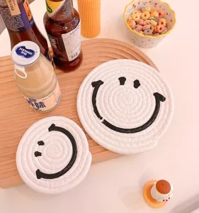 Cute cartoon smiley face woven cotton rope coaster heat insulation pad table decor
