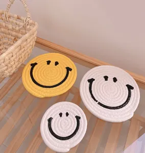 Cute cartoon smiley face woven cotton rope coaster tea cup mat for home dining table decor.