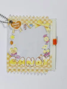 Transparent PVC candy badge holder cute gumi bag pin display case with chain pendant