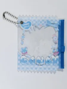 Clear PVC badge holder cute candy design transparent itabag storage bag with ball chain and zipper.