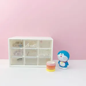 Transparent 9-grid desktop storage box with drawers, ideal for student dorm and stationery.