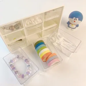 Clear 9-grid desktop storage box with drawers, perfect for stationery and dorm organizer.