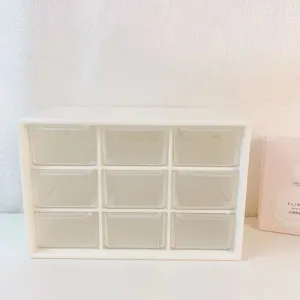 Desktop 9-grid drawer storage box, clear transparent plastic organizer for office desk.
