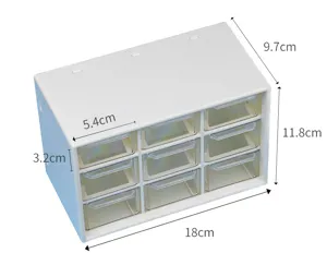 Desktop 9-grid drawer storage box detail, clear visible acrylic organizer for stationery.