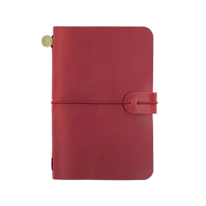 Vista detallada de la libreta de cuero rojo con botón metálico y banda elástica de cierre.