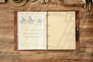 Quaderno raccoglitore A4 in pelle vintage con inserto di lettere rétro per schizzi e diari.