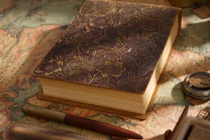 Detail shot of vintage embossed leather notebook with floral pattern on retro map background.
